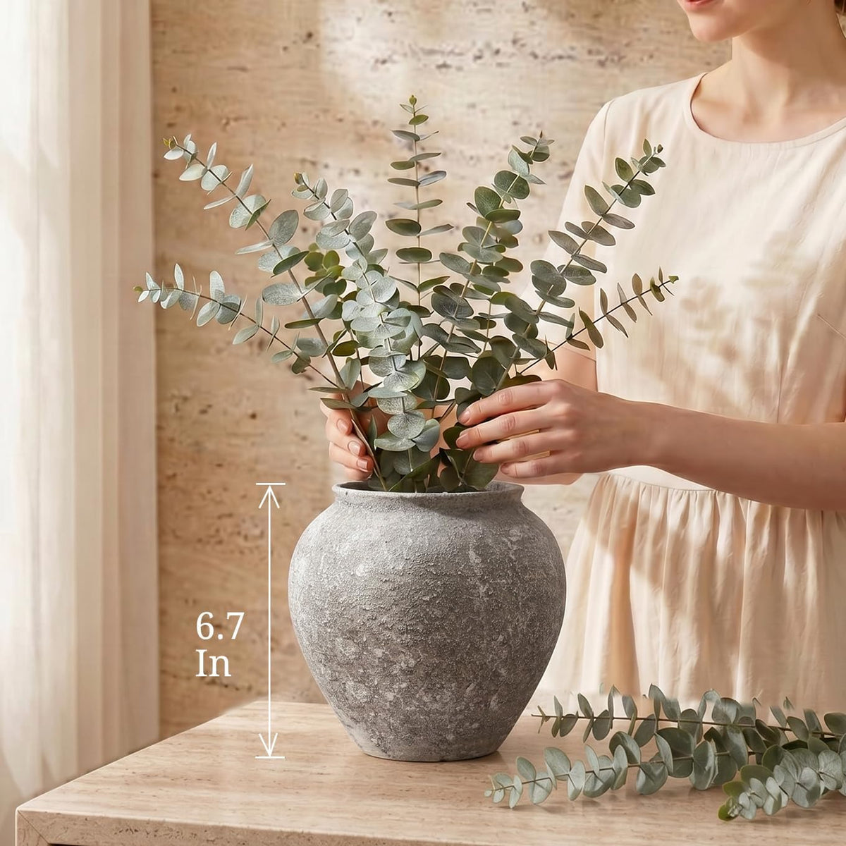 Textured Speckled Ceramic Vase, 6.7” Wabi-Sabi Stone Finish Flower Vase, Handmade Pottery Vase for Dried Flowers, Rustic Farmhouse Table Centerpiece for Entryway, Shelf, Nightstand Decor