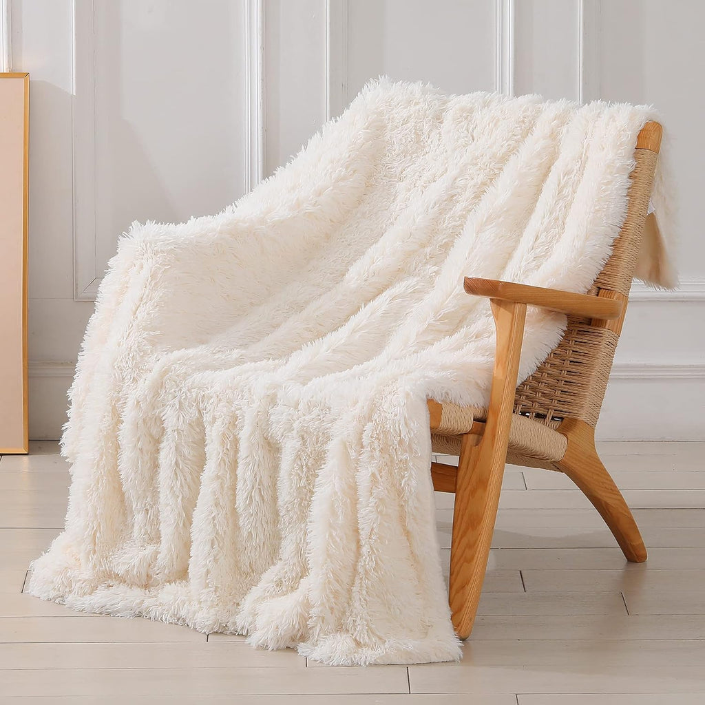 Decorative Extra Soft Fuzzy Faux Fur Throw Blanket 50" X 60",Solid Reversible Long Hair Shaggy Blanket,Fluffy Cozy Plush Comfy Microfiber Fleece Blankets for Couch Sofa Bedroom,Cream White