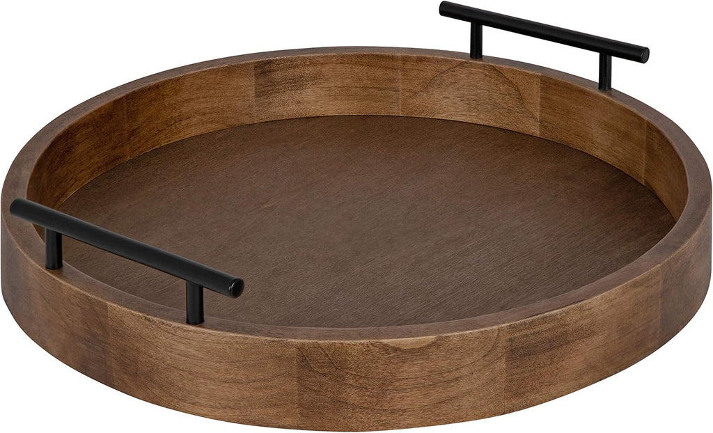 Lipton Modern round Wood Tray, 15.5" Diameter, Rustic Brown with Black Handles, Decorative Accent Tray for Storage and Display