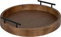 Lipton Modern round Wood Tray, 15.5" Diameter, Rustic Brown with Black Handles, Decorative Accent Tray for Storage and Display