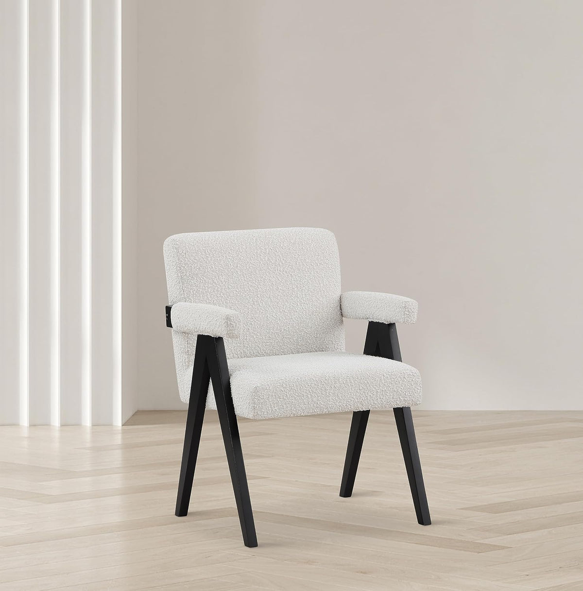 481Cream Woodloch Collection Mid-Century Modern Boucle Fabric Upholstered Accent Chair with Rich Cream Boucle Fabric, Black Finish Solid Wood, 24.5" W X 23.5" D X 32" H, Cream