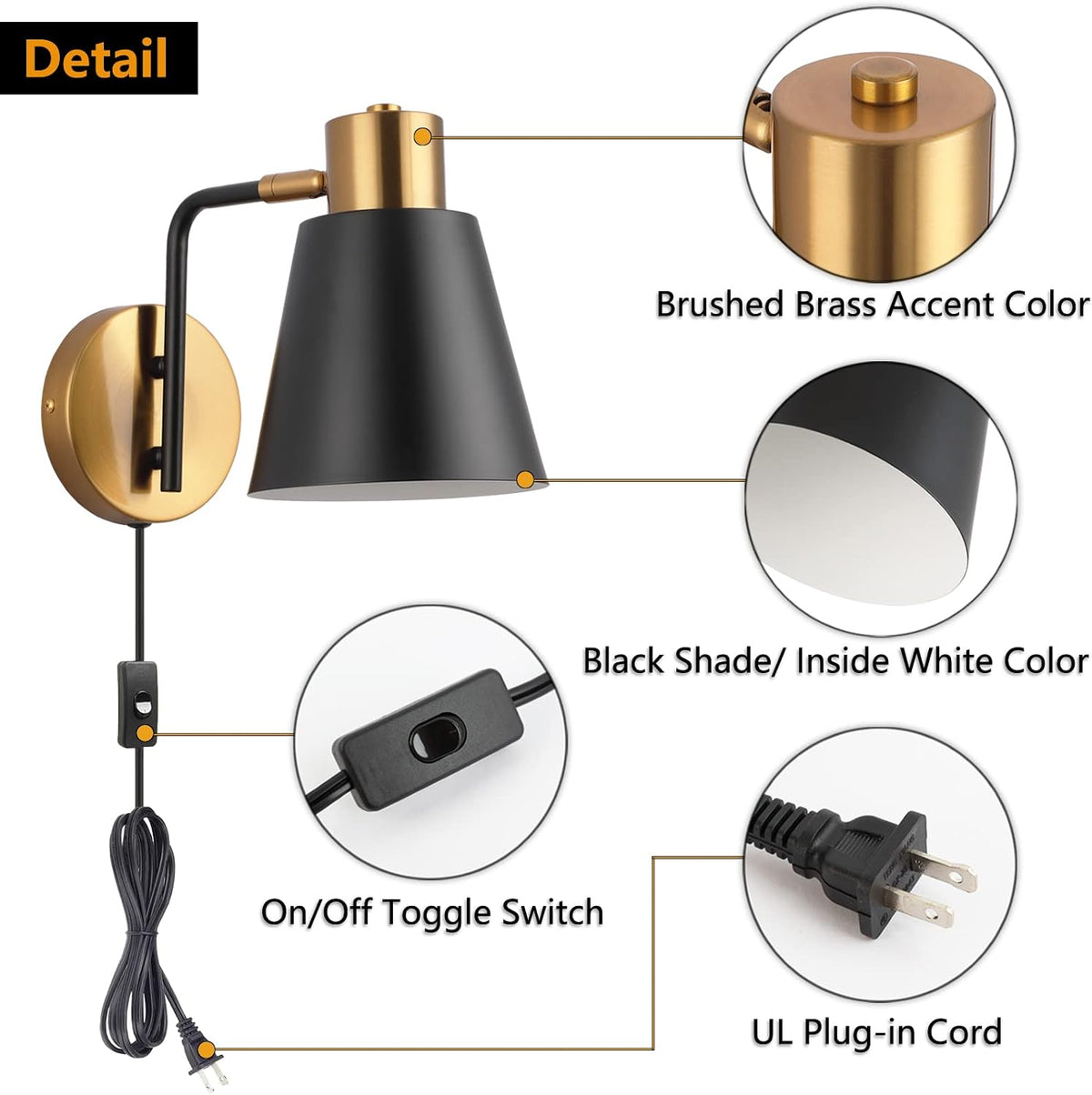 Plug in Wall Sconce Set of 2, Modern Wall Lamp Wall Light Fixture
