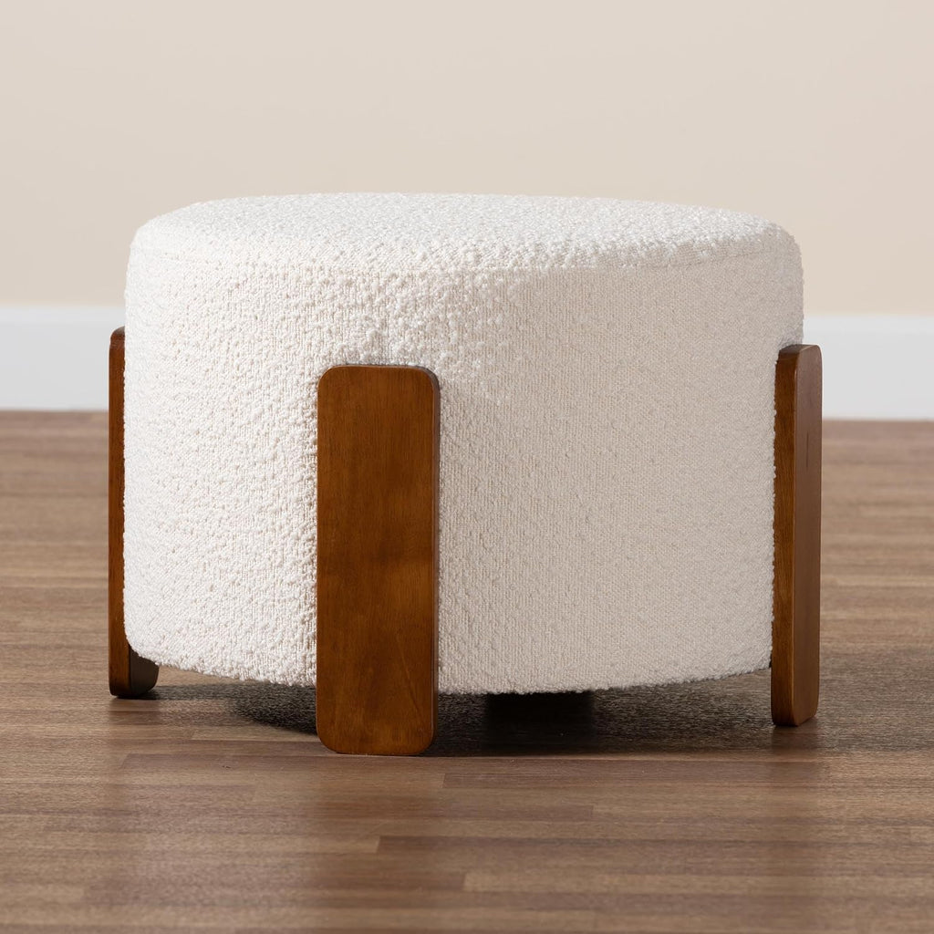 Finlay Modern Japandi Cream Boucle Fabric and Walnut Brown Finished Wood Ottoman Footstool