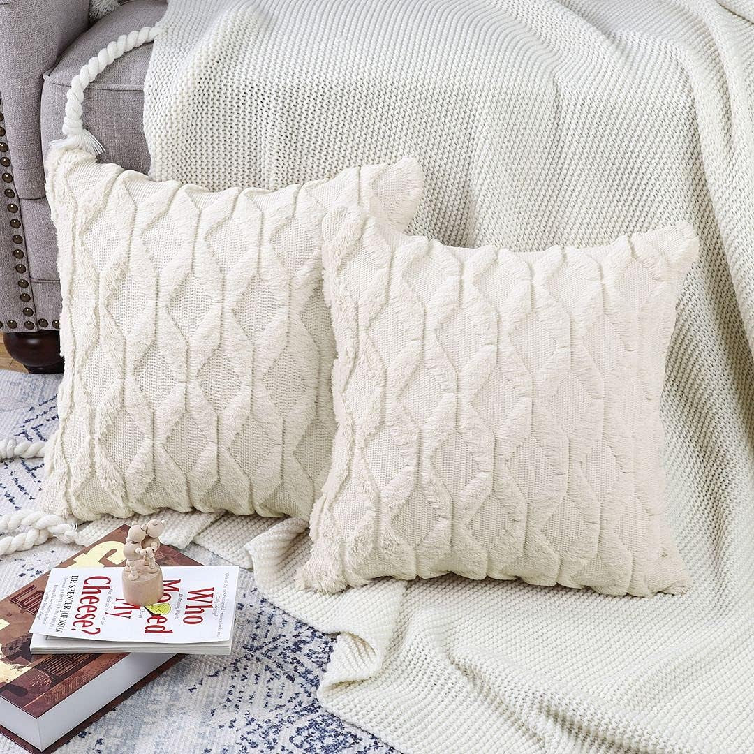 Set of 2 Soft Polyester Short Wool Velvet Decorative Throw Pillow Covers 18X18 Inch Beige Square Luxury Style Cushion Cases Pillow Shell for Sofa Bedroom