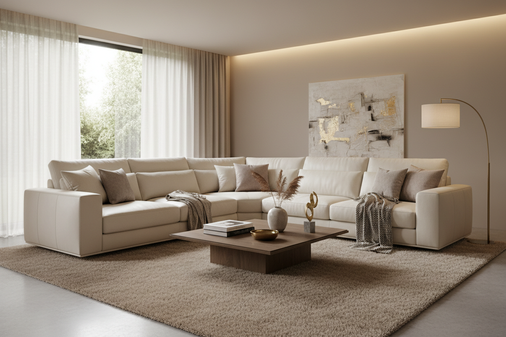 Cream Italian leather L-shaped sectional sofa in a warm premium living room setting