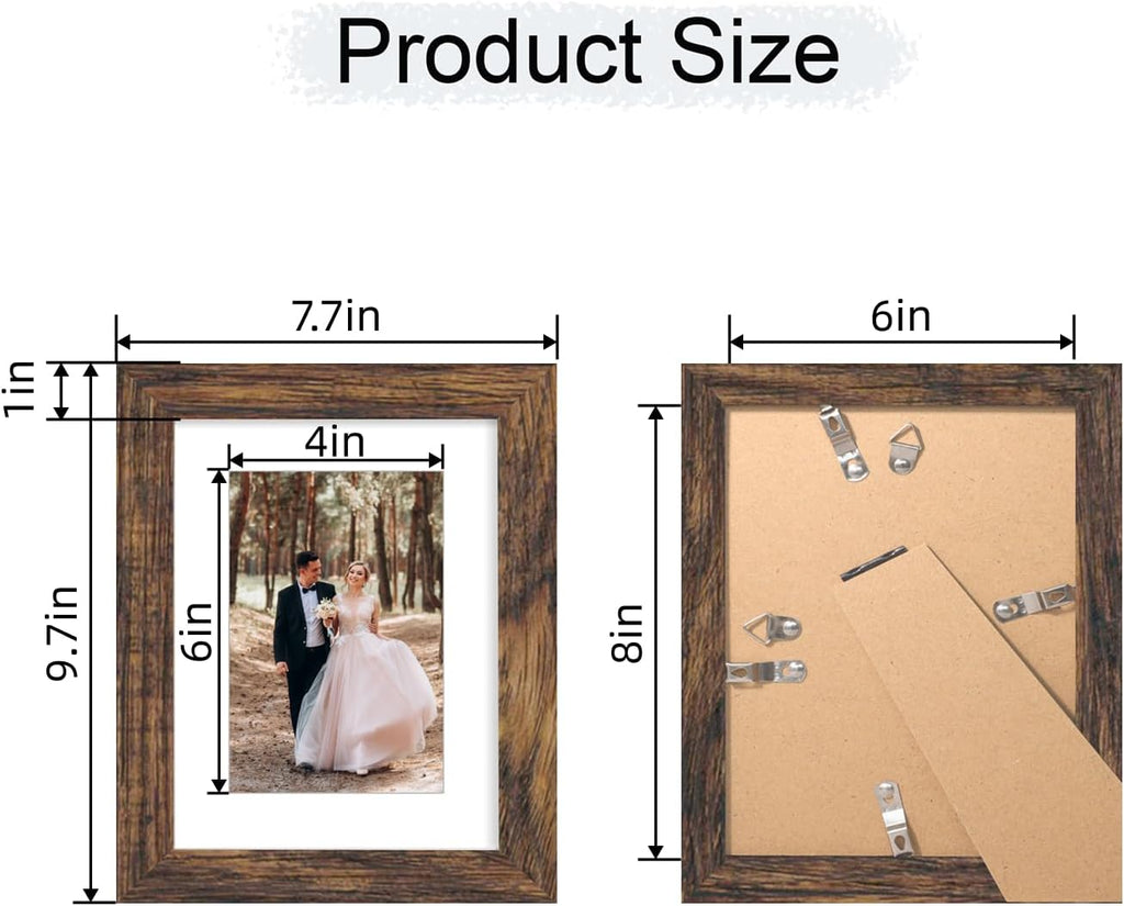6X8 Picture Frame with Mat 4X6 - High Definition Real Glass Wooden Photo Frames for Tabletop Display and Wall Mounting (Brown, Set of 4)