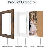 6X8 Picture Frame with Mat 4X6 - High Definition Real Glass Wooden Photo Frames for Tabletop Display and Wall Mounting (Brown, Set of 4)