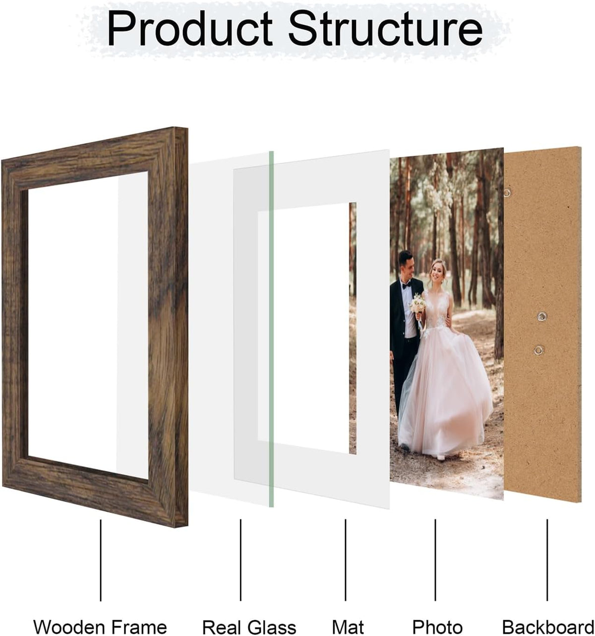 6X8 Picture Frame with Mat 4X6 - High Definition Real Glass Wooden Photo Frames for Tabletop Display and Wall Mounting (Brown, Set of 4)