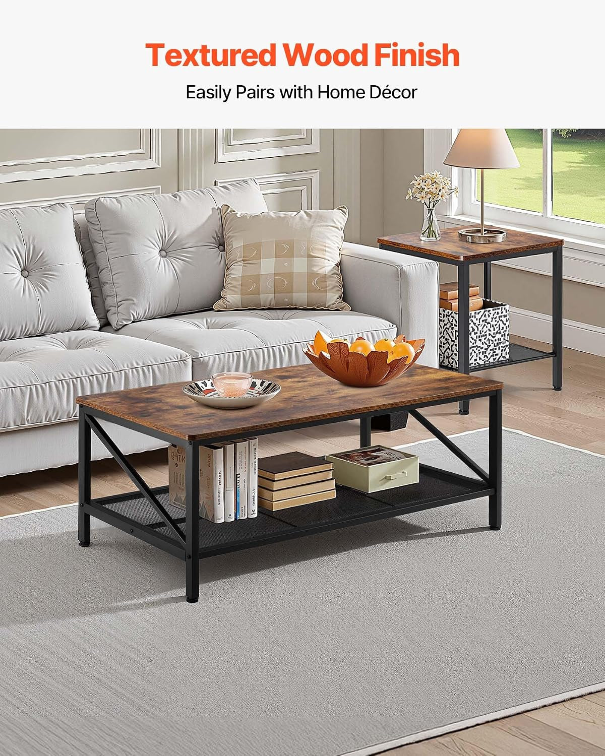 3 Pieces Living Room Table Sets, 41.3 in Industrial Coffee Table with 2 Square End Side Tables, Easy Assembly Coffee and End Tables Sets with Metal Legs, for Office, Living Room & Apartment