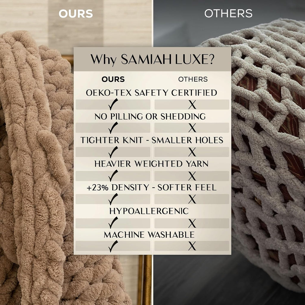 Chunky Knit Throw Blanket 50X30, Sandstone Brown Chenille Throw Blanket for Couch Bed Sofa, Soft Fluffy Cable Knit Blanket, Oeko-Tex Certified, Machine Washable