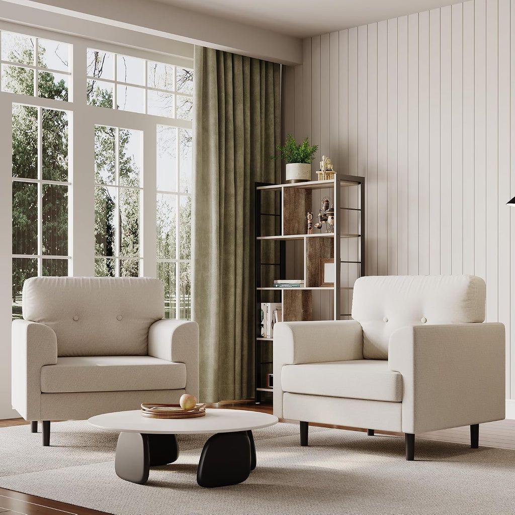 38" Modern Single Sofa Linen Upholstered Armrest Accent Chair with High-Density Foam & Fixed Armrests,Comfortable Armchair Upholstered Reading Chair for Living Room, Bedroom & Office,Beige