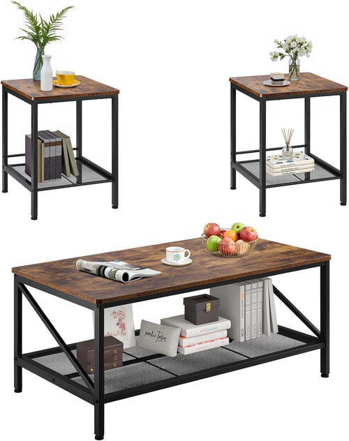 3 Pieces Living Room Table Sets, 41.3 in Industrial Coffee Table with 2 Square End Side Tables, Easy Assembly Coffee and End Tables Sets with Metal Legs, for Office, Living Room & Apartment