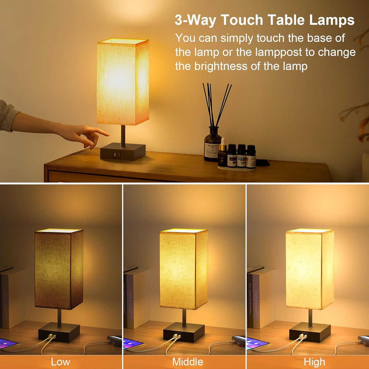 Bedside Table Lamp Touch Control with USB A+ C Nightstand Lamps
