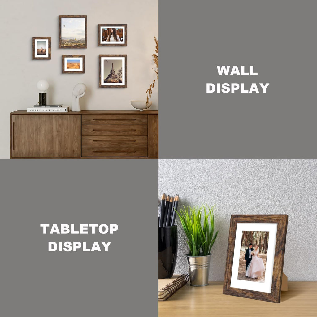 6X8 Picture Frame with Mat 4X6 - High Definition Real Glass Wooden Photo Frames for Tabletop Display and Wall Mounting (Brown, Set of 4)