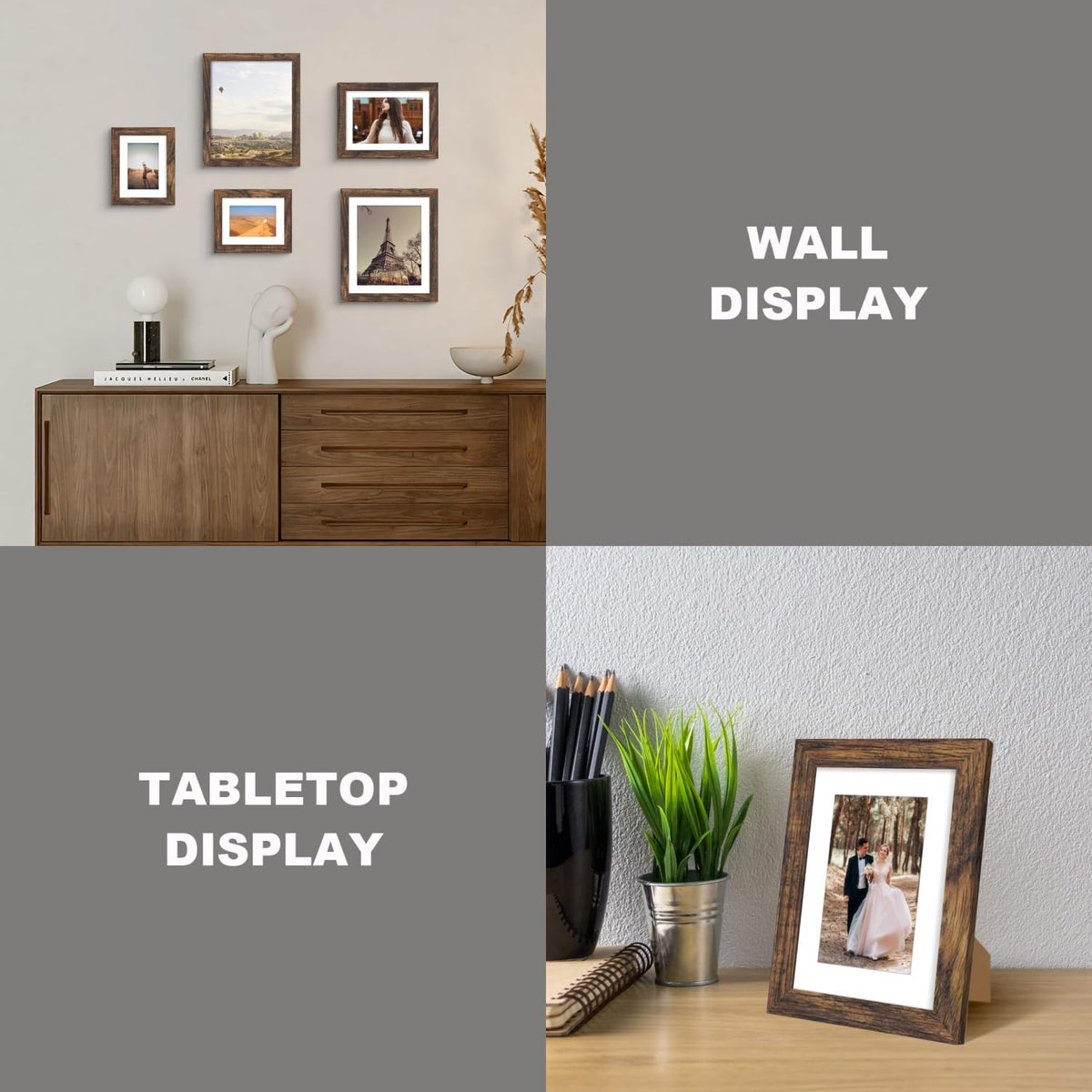 6X8 Picture Frame with Mat 4X6 - High Definition Real Glass Wooden Photo Frames for Tabletop Display and Wall Mounting (Brown, Set of 4)