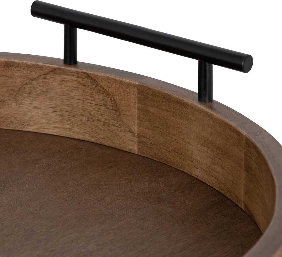 Lipton Modern round Wood Tray, 15.5" Diameter, Rustic Brown with Black Handles, Decorative Accent Tray for Storage and Display