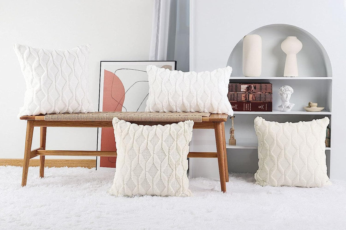 Set of 2 Soft Polyester Short Wool Velvet Decorative Throw Pillow Covers 18X18 Inch Beige Square Luxury Style Cushion Cases Pillow Shell for Sofa Bedroom