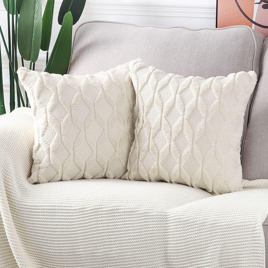 Set of 2 Soft Polyester Short Wool Velvet Decorative Throw Pillow Covers 18X18 Inch Beige Square Luxury Style Cushion Cases Pillow Shell for Sofa Bedroom