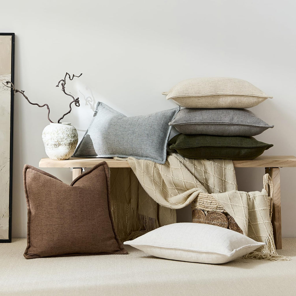 20X20 Linen Pillow Covers Natural Beige Pack of 2 Farmhouse Boho Neutral Accents Striped Textured Square Decorative Throw Pillow Cases for Living Room Couch Bed Home Decor