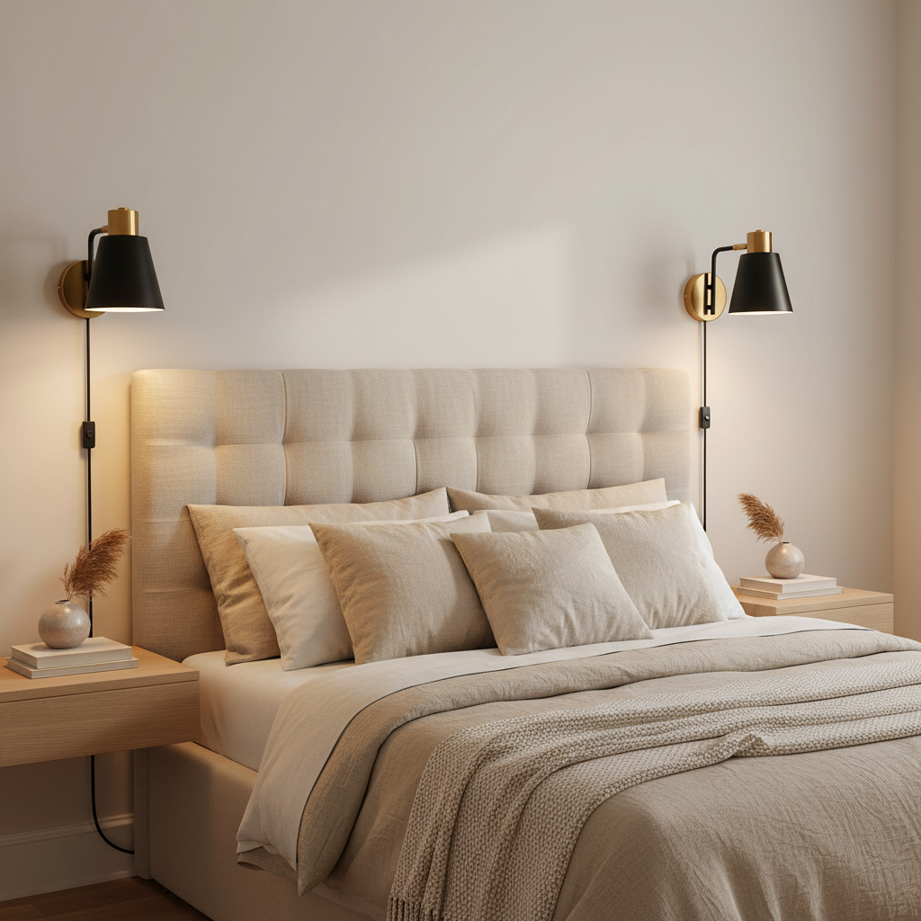 Black and gold plug-in wall sconces mounted on either side of bed