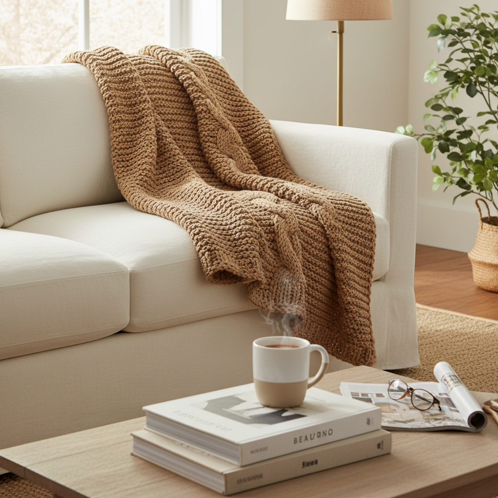 Chunky knit throw blanket draped over cream sofa in cozy living room