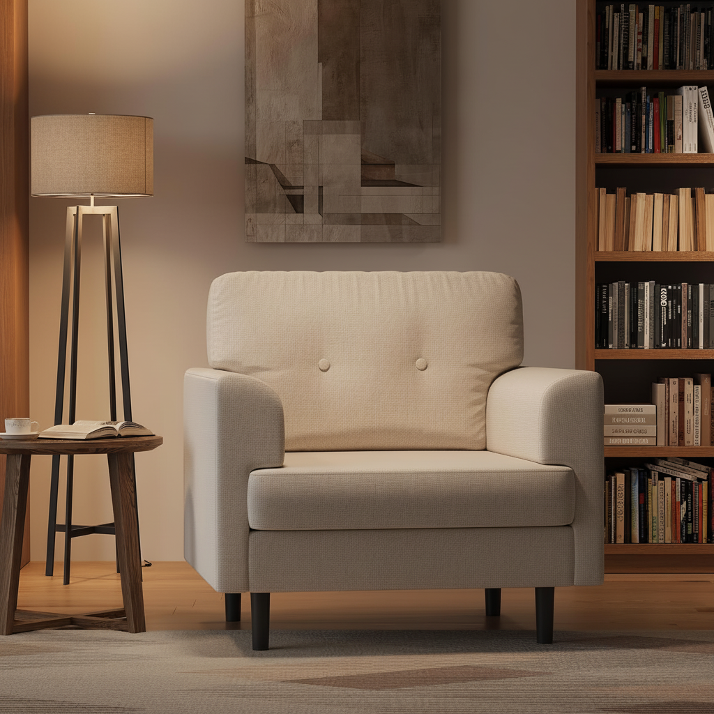 Beige linen accent armchair in warm reading nook with floor lamp and bookshelf