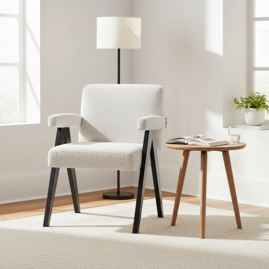 Cream boucle accent chair with black legs in bright minimalist living room corner