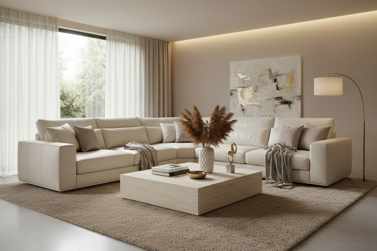 Italian leather L-shaped sectional sofa in a warm premium living room setting