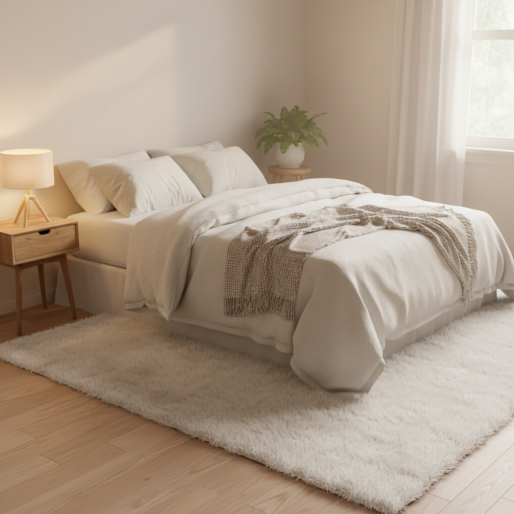 White plush faux fur area rug in cozy bedroom with cream linen bedding and warm natural light