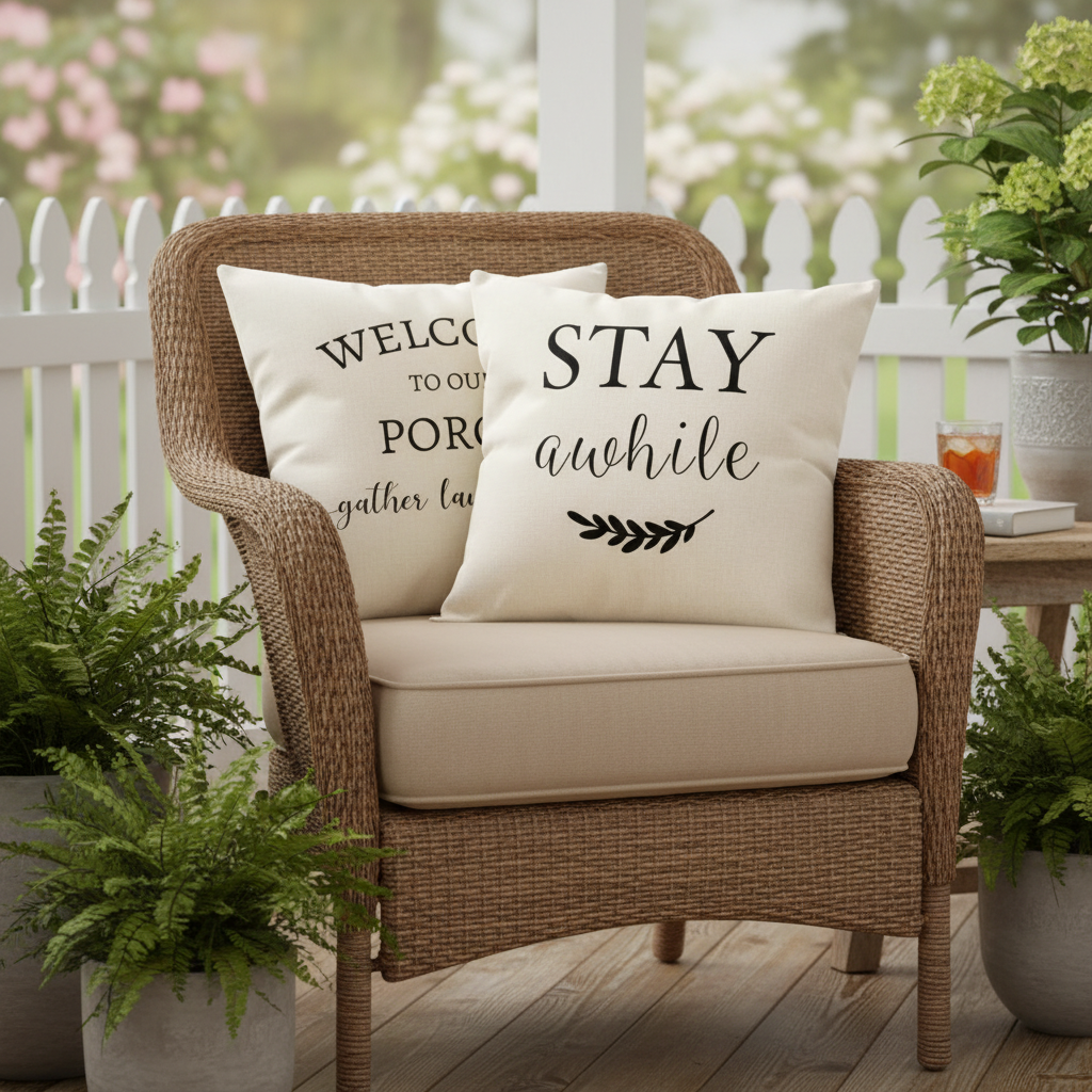 Cream farmhouse outdoor pillow covers on porch chair