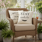 Cream farmhouse outdoor pillow covers on porch chair