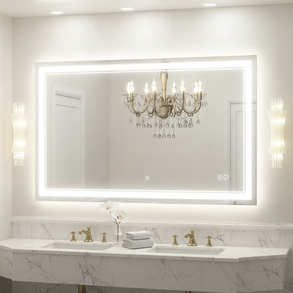 LED bathroom mirror above white marble double vanity with warm lighting
